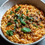 Ground Beef Orzo with Tomato Cream Sauce and Fresh Basil