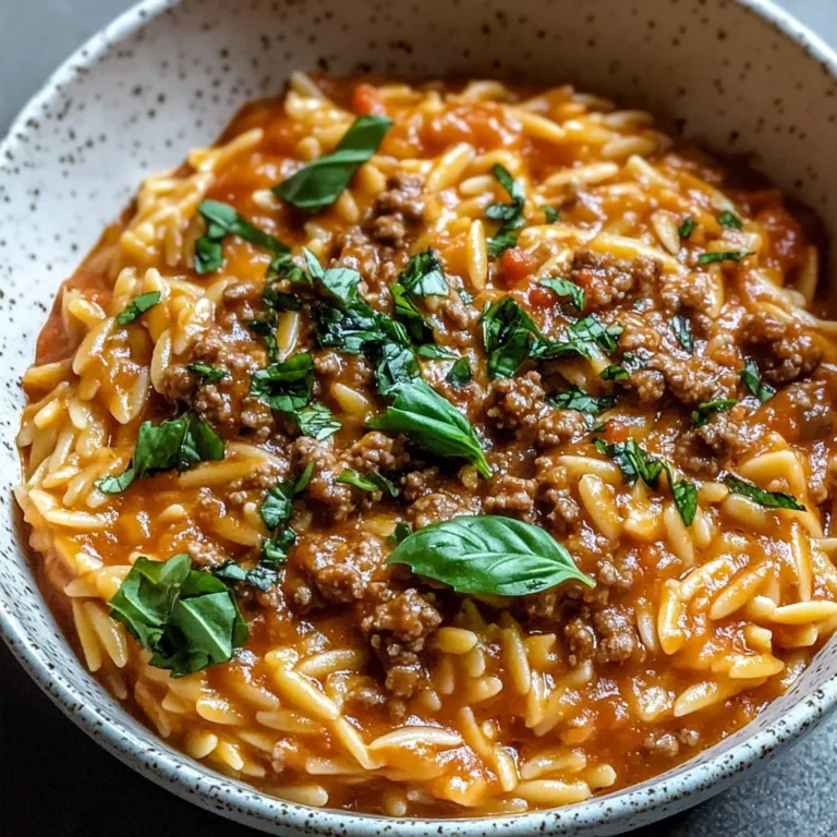 Ground Beef Orzo with Tomato Cream Sauce and Fresh Basil