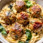 Crockpot Garlic Butter Chicken Meatballs with Creamy Orzo