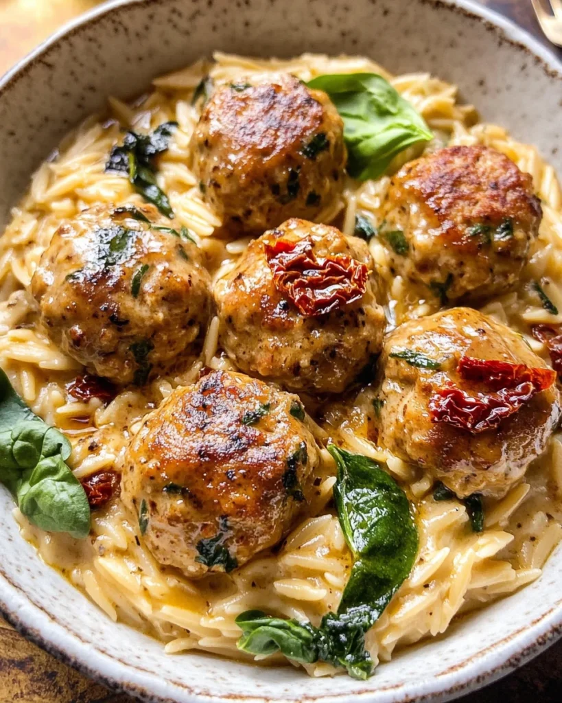 Crockpot Garlic Butter Chicken Meatballs with Creamy Orzo