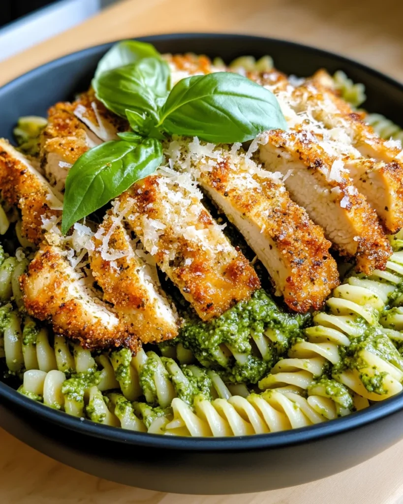 Pesto Pasta with Crispy Parmesan Chicken