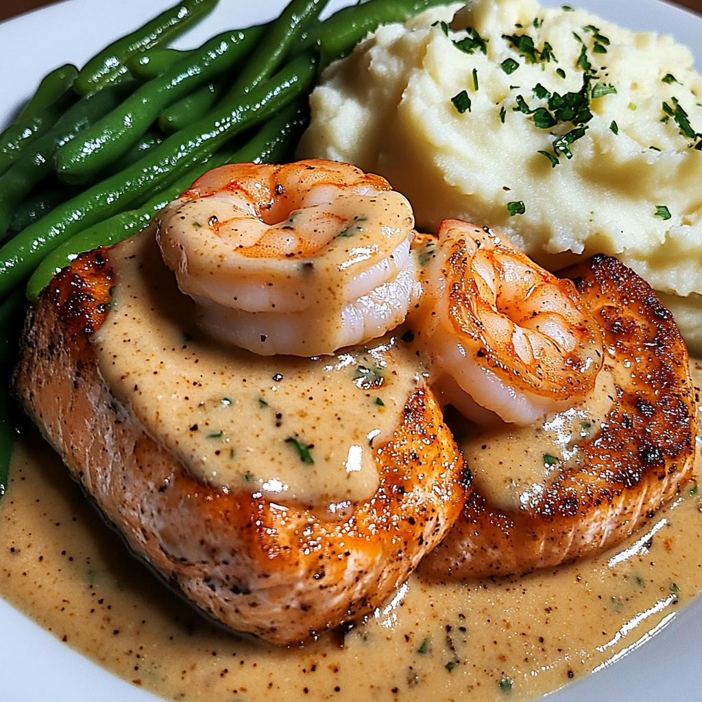 Cajun Shrimp and Salmon with Garlic Cream Sauce, Mashed Potatoes, and Green Beans: A Flavor-Packed Dinner to Impress
