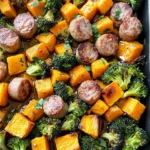 Sheet Pan Sausage and Sweet Potatoes with Honey Garlic Sauce
